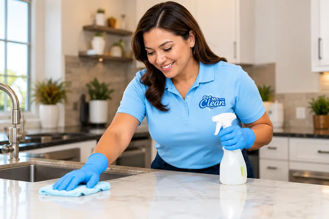 Mrs. Clean team member cleaning a kitchen counter
